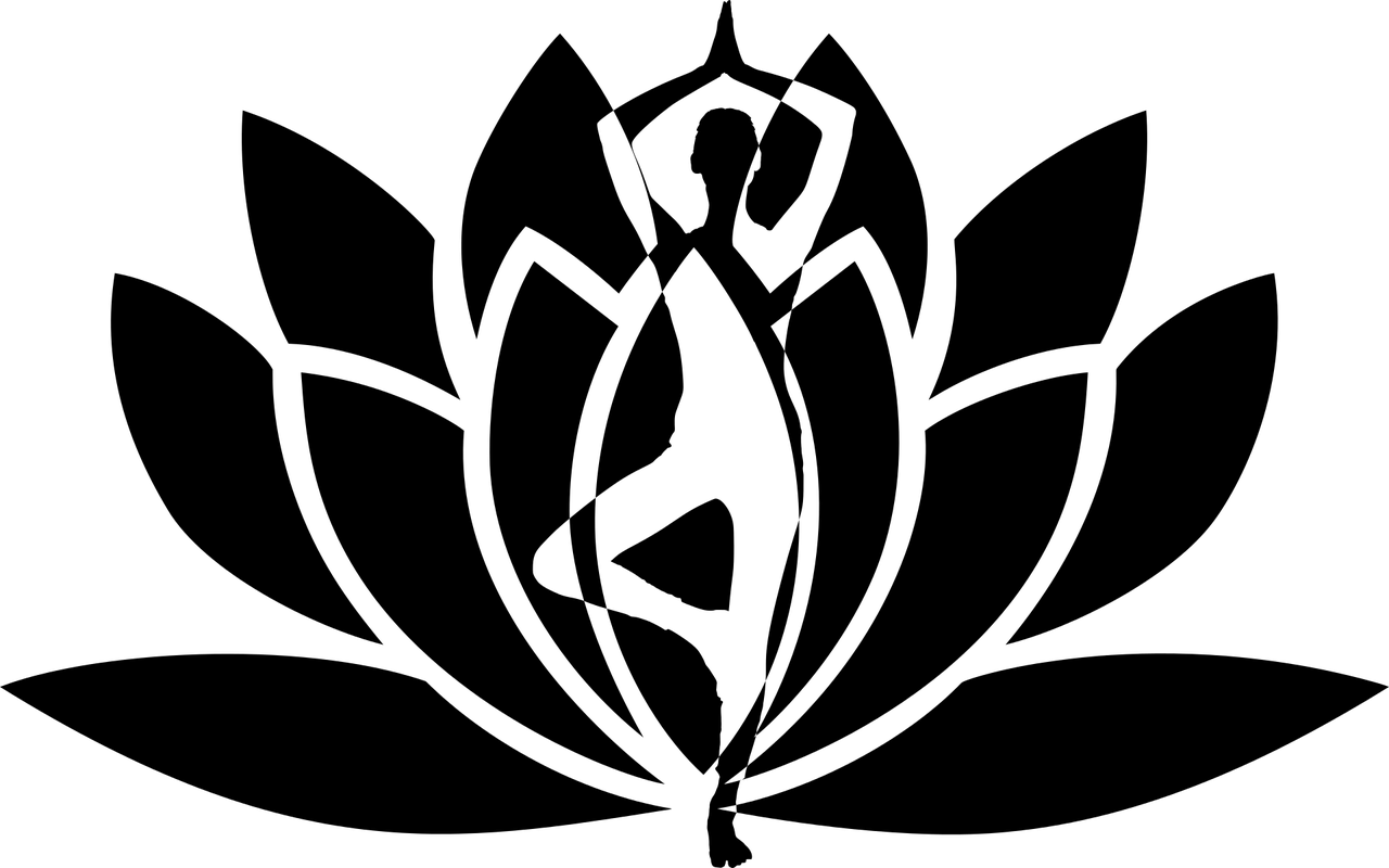 Black-and-white silhouette of a woman in Vrksasana (Tree Pose) yoga posture with lotus flower outline, representing balance, mindfulness, and wellness